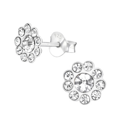 Silver Sunflower Ear Studs with Crystal