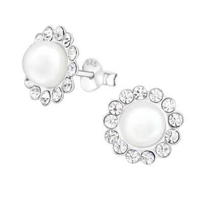 Silver Round Ear Studs with Pearl and Crystal