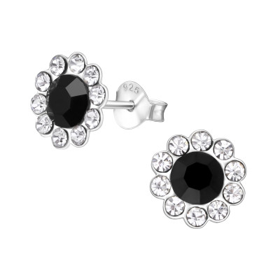 Silver Flower Ear Studs with Crystal