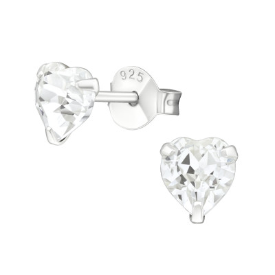 Silver Heart Ear Studs with Crystal