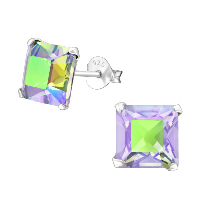 Silver Square Ear Studs with Genuine European Crystals