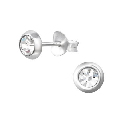 Round Sterling Silver Ear Studs with Crystal