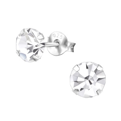 Silver 6mm Round Ear Studs with Crystal