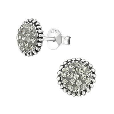 Silver Round Ear Studs with Crystal