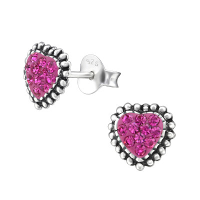 Heart Sterling Silver Ear Studs with Crystal