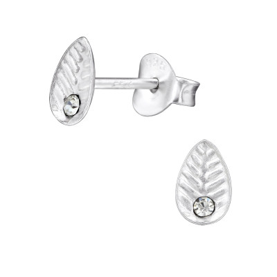 Silver Leaf Ear Studs with Crystal