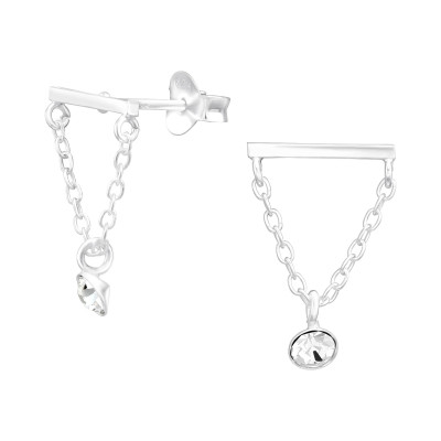 Silver Bar and Hanging Chain Ear Studs with Crystal