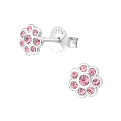 Silver Flower Ear Studs with Crystal