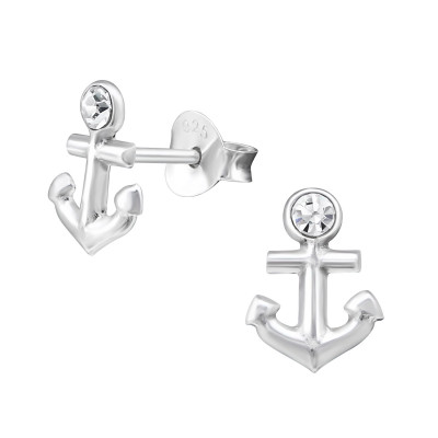 Silver Anchor Ear Studs with Crystal