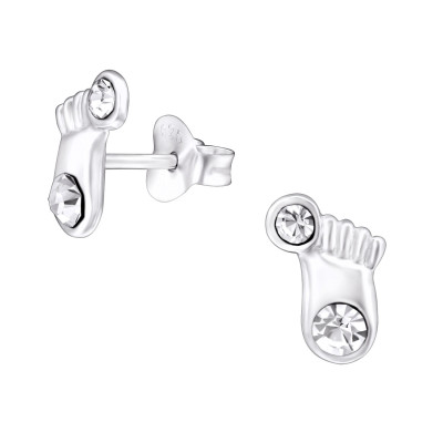 Silver Feet Ear Studs with Crystal