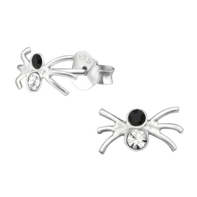 Silver Spider Ear Studs with Crystal