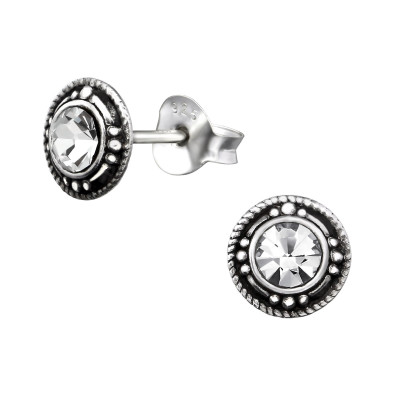 Silver Round Ear Studs with Crystal