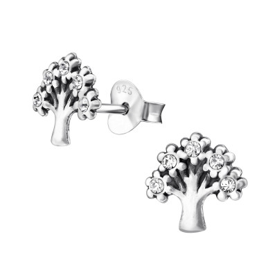 Silver Tree Ear Studs with Crystal