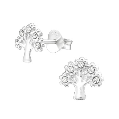 Silver Tree Ear Studs with Crystal