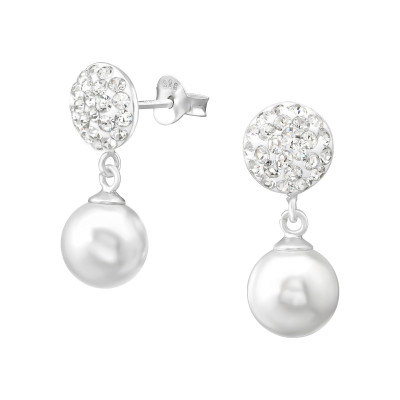 Silver Round Ear Studs with and Crystal and Hanging Pearl