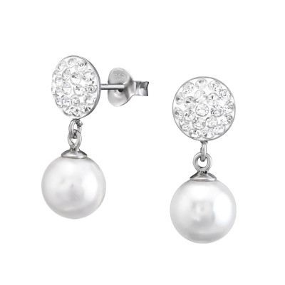 Round Hanging Pearl Sterling Silver Ear Studs with Pearl and Crystal