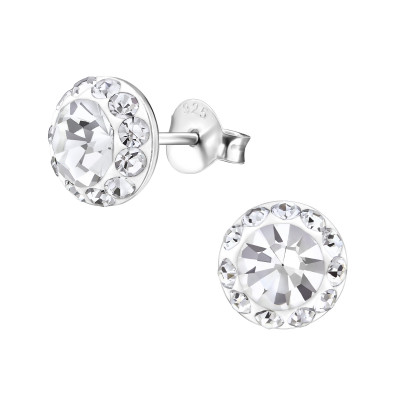 Silver Round Ear Studs with Crystal