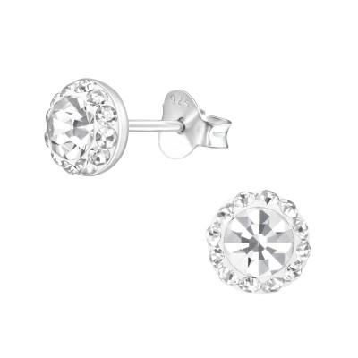 Silver Round Ear Studs with Crystal