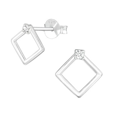 Silver Square Ear Studs with Crystal