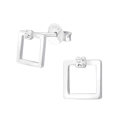 Silver Square Ear Studs with Crystal