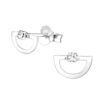 Silver Semi Circle Ear Studs with Crystal