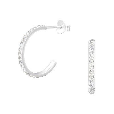 Silver Half Hoop Ear Studs with Crystal