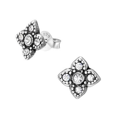 Silver Flower Ear Studs with Crystal