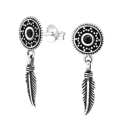 Round with Hanging Feather Sterling Silver Ear Studs with Crystal