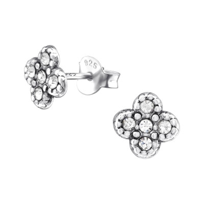 Silver Flower Ear Studs with Crystal