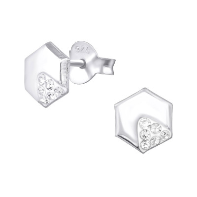 Silver Hexagonal Ear Studs with Crystal