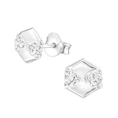 Hexagon Sterling Silver Ear Studs with Crystal