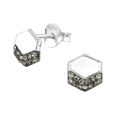 Silver Hexagonal Ear Studs with Crystal