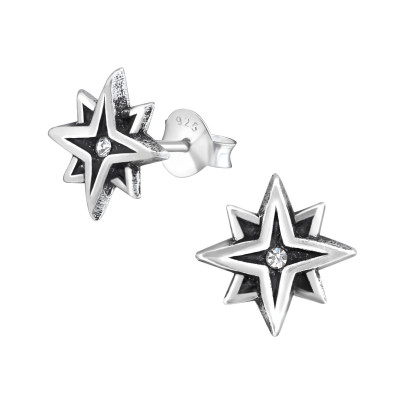 Silver Star Ear Studs with Crystal