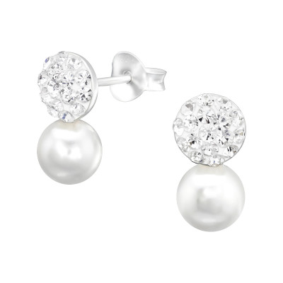 Silver Double Ball Ear Studs with Synthetic Pearl and Crystal