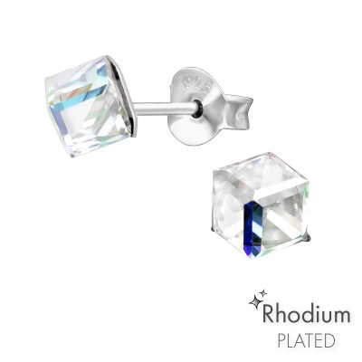 Silver Cube Ear Studs with Genuine European Crystals 