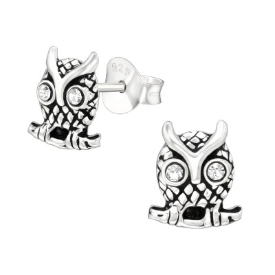 Silver Owl Ear Studs with Crystal