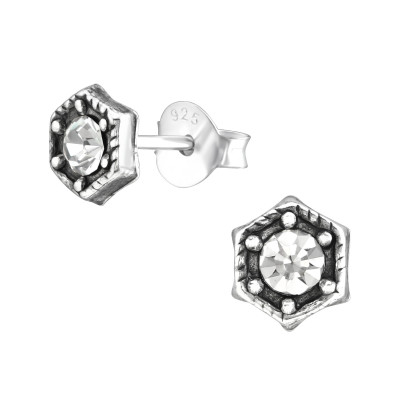 Silver Hexagon Ear Studs with Crystal