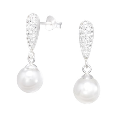 Silver Geometric Ear Studs with Crystal and Hanging Synthetic Pearl