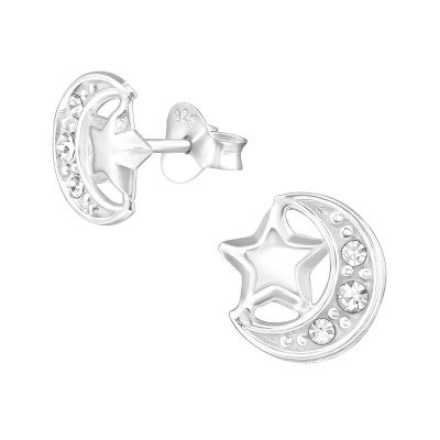 Silver Moon and Star Ear Studs with Crystal