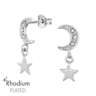 Silver Moon and Star Ear Studs with Crystal