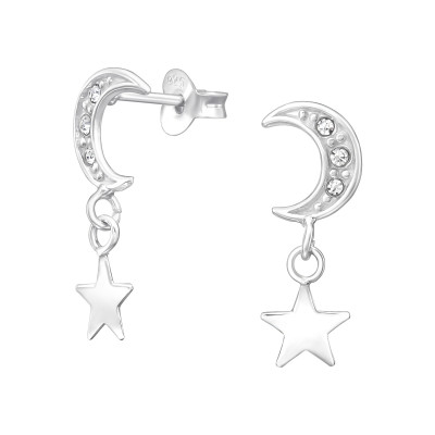 Silver Moon and Star Ear Studs with Crystal