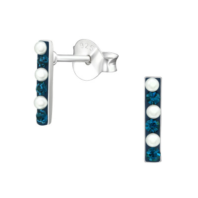 Silver Bar Ear Studs with Synthetic Pearl and Crystal