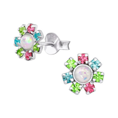 Silver Flower Ear Studs with Crystal and Synthetic Opal