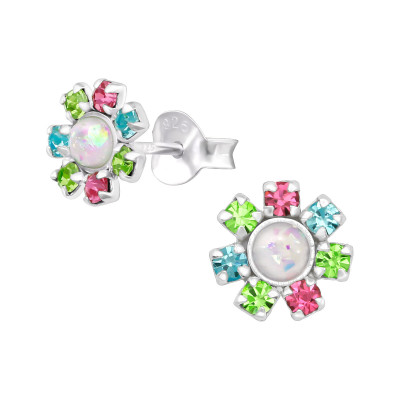 Silver Flower Ear Studs with Crystal and Synthetic Opal