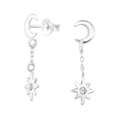 Crescent Moon and Star Sterling Silver Ear Studs with Crystal