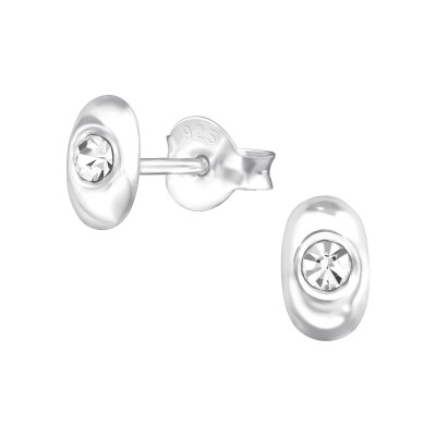 Silver Oval Ear Studs with Crystal