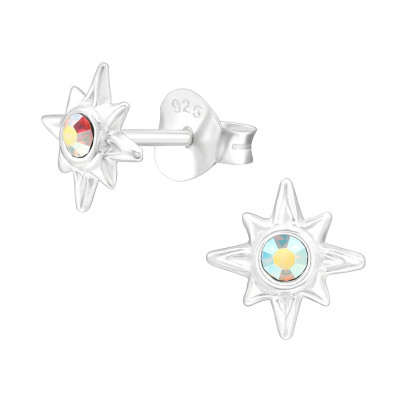 Silver Northern Star Ear Studs with Crystal