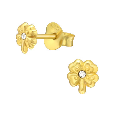 Silver Lucky Clover Ear Studs with Crystal