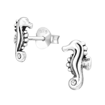 Silver Seahorse Ear Studs with Crystal