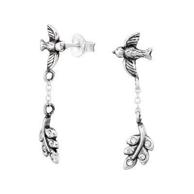 Bird and Leaf Sterling Silver Ear Studs with Crystal